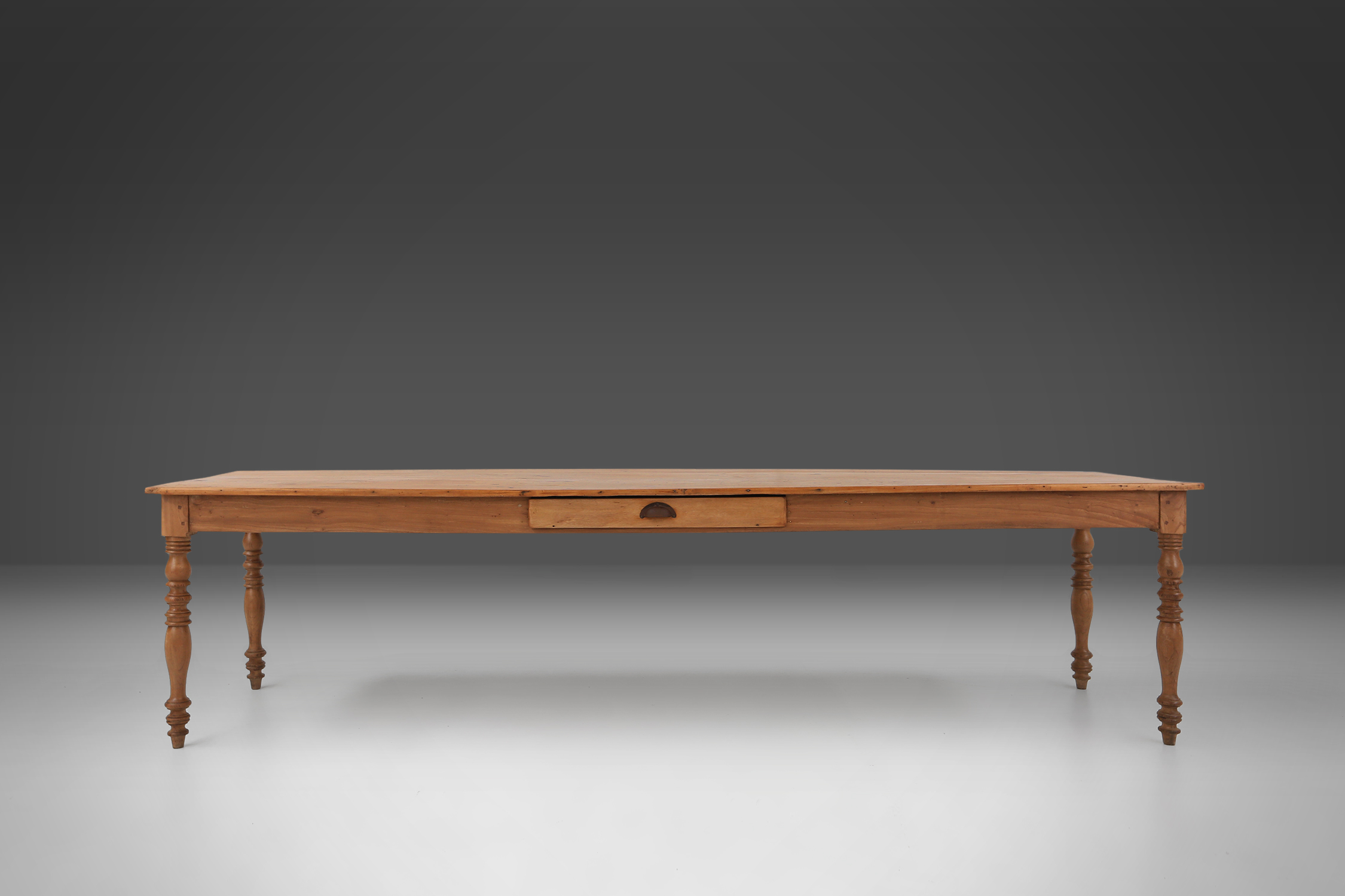 Large pine wood farm table with drawer and turned legs, France, 1850sthumbnail